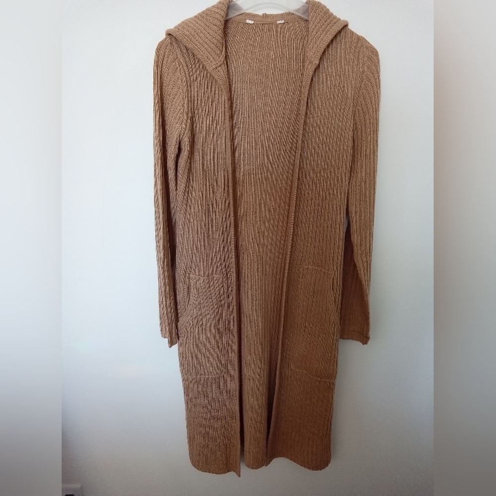 Women's Ribbed Long Sleeve Open Front Pockets Hooded Tan Cardigan